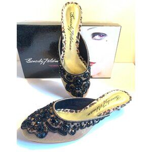 Beverly Feldman NEW Beaded Kitten Heel Gold Satin Mule Shoe 8 M